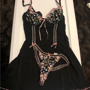 Black with embroidered flowers lingerie nightgown and matching thong